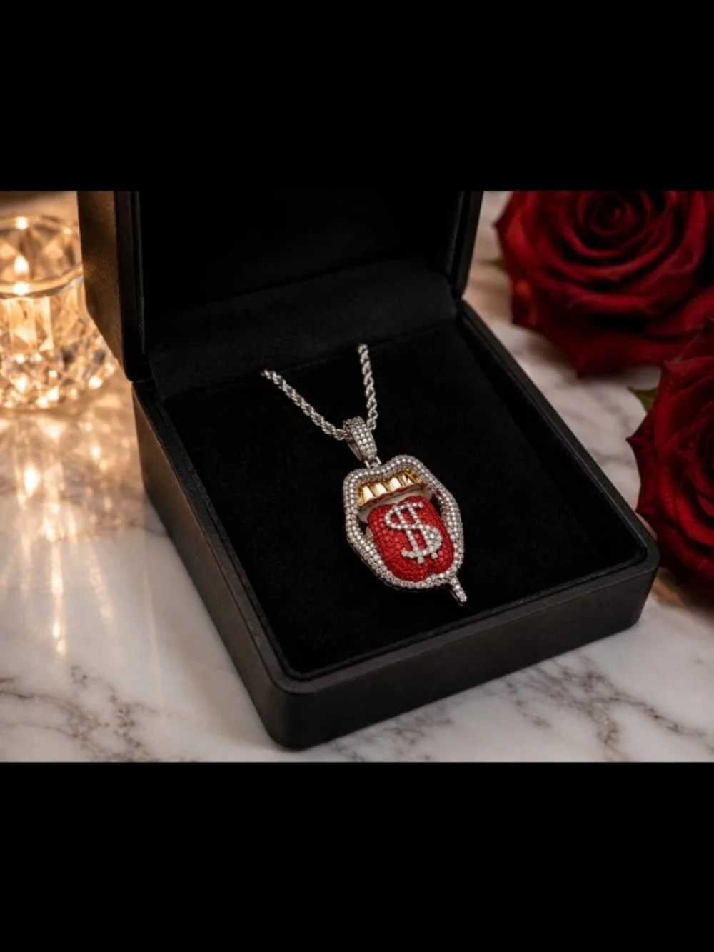 Iced Out Red Pavé Tongue Pendant Necklace with Silver and Gold Accents